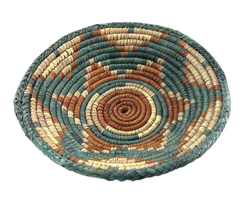 Vintage Handwoven Coiled Basket Bowl 9.25” Teal Brown Natural Fiber Boho Decor